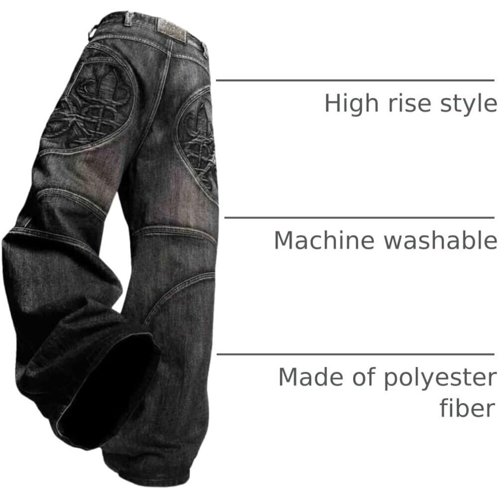 Men's Wide Leg Gothic Jeans High Rise Loose Fit Casual Fashion Durable - Picture 3 of 7